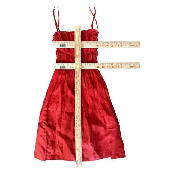 Gillia Red Linen Mini Dress Spaghetti Strap Convertible Strapless Shirred Waist - Picture 9 of 10